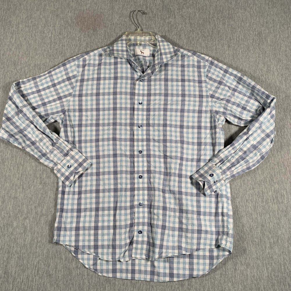 Lorenzo Uomo Shirt Mens 16.5 Blue White Plaid Button Front Trim Fit‎ Dress